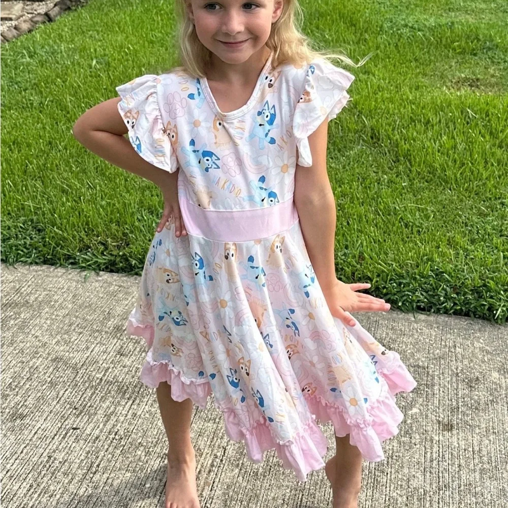 Bluey Bingo Ruffle Bow Back Twirl Girls Dress